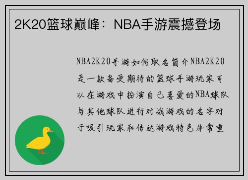 2K20篮球巅峰：NBA手游震撼登场